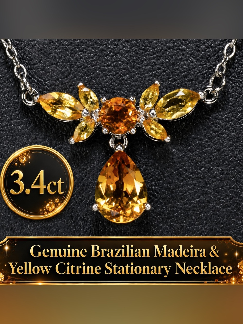 Madeira Citrine yellow Stationary Solid Sterling Silver Necklace 18"